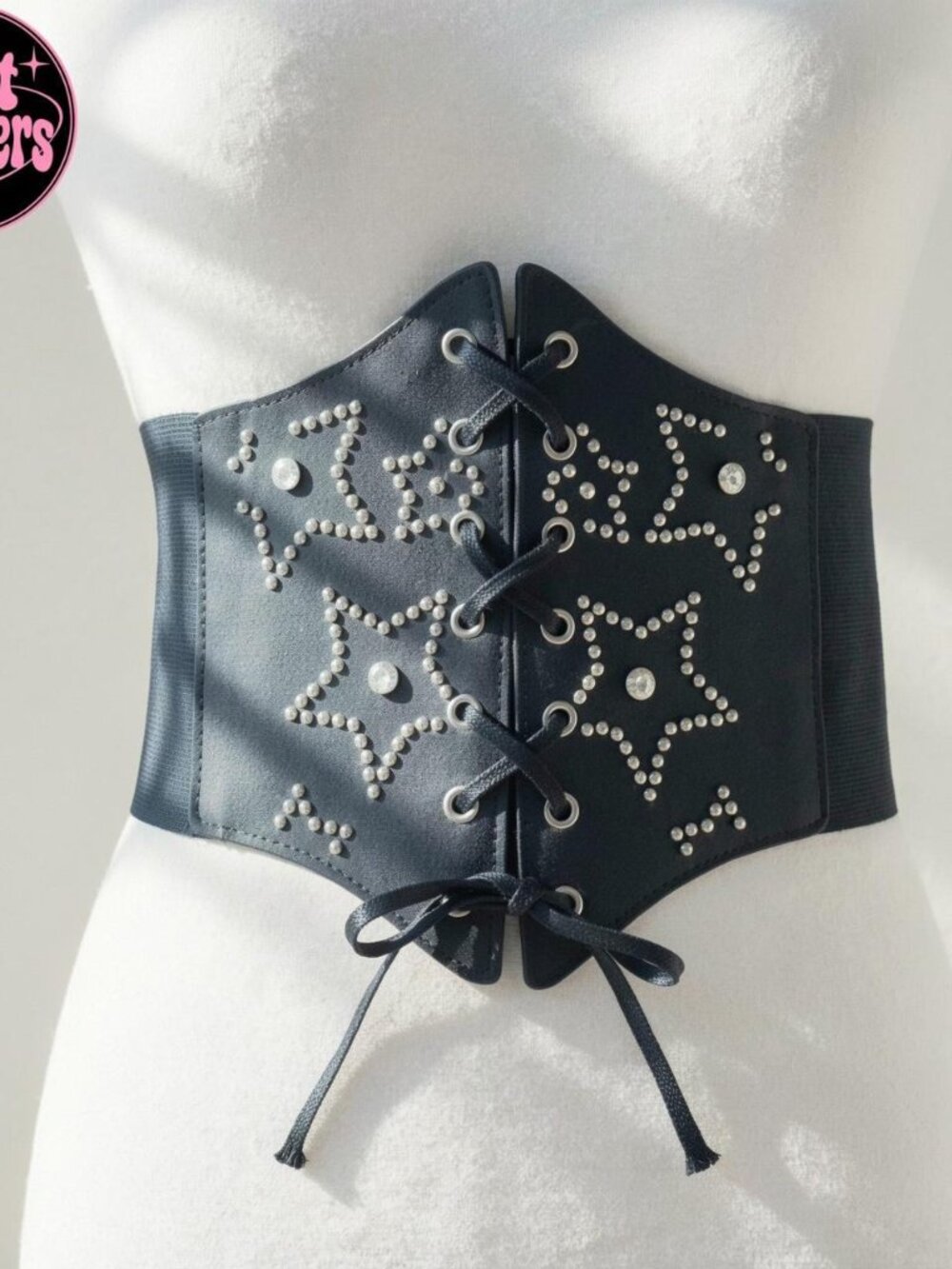 Y2K 2000s style Black leather corset with silver star shaped studs